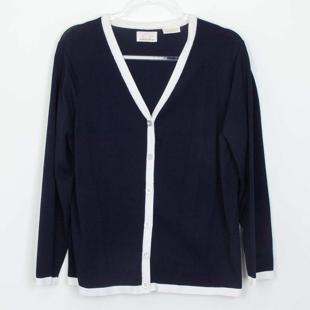 EP Pro Womens Long Sleeve Knit Cardigan Sweater Navy Blue Size XL Golf Preppy‎